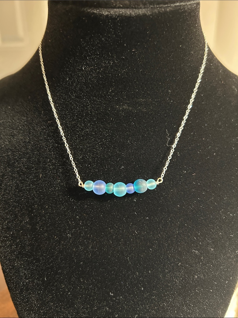 Delicate blue Sea Glass Beaded Necklace - Women Jewelry 16 inches